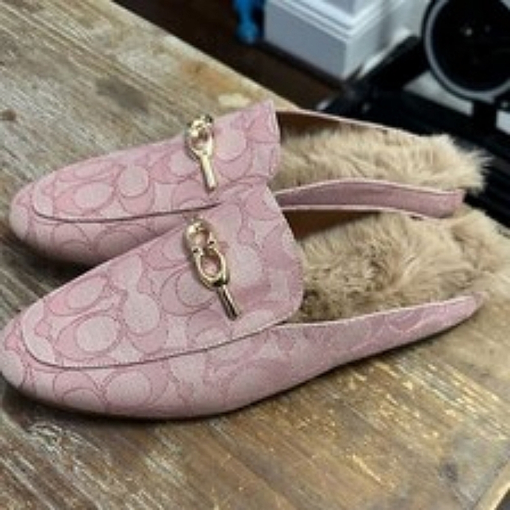 Coach Designer Pink Signature Canvas Fur Lined Sienna Slides Loafers Size 9B - Picture 5 of 11